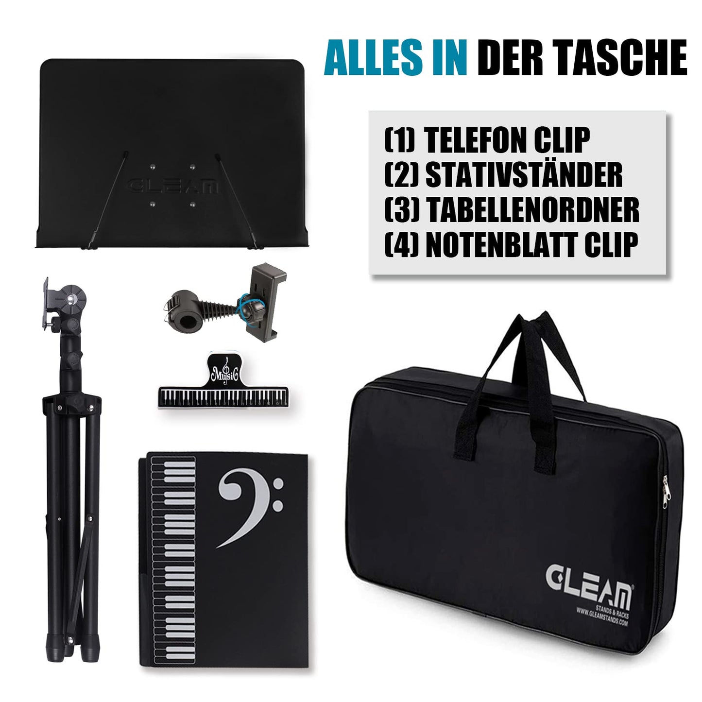 GLEAM Notenständer 5-in-1 – Metall, Tragetasche, Klammer